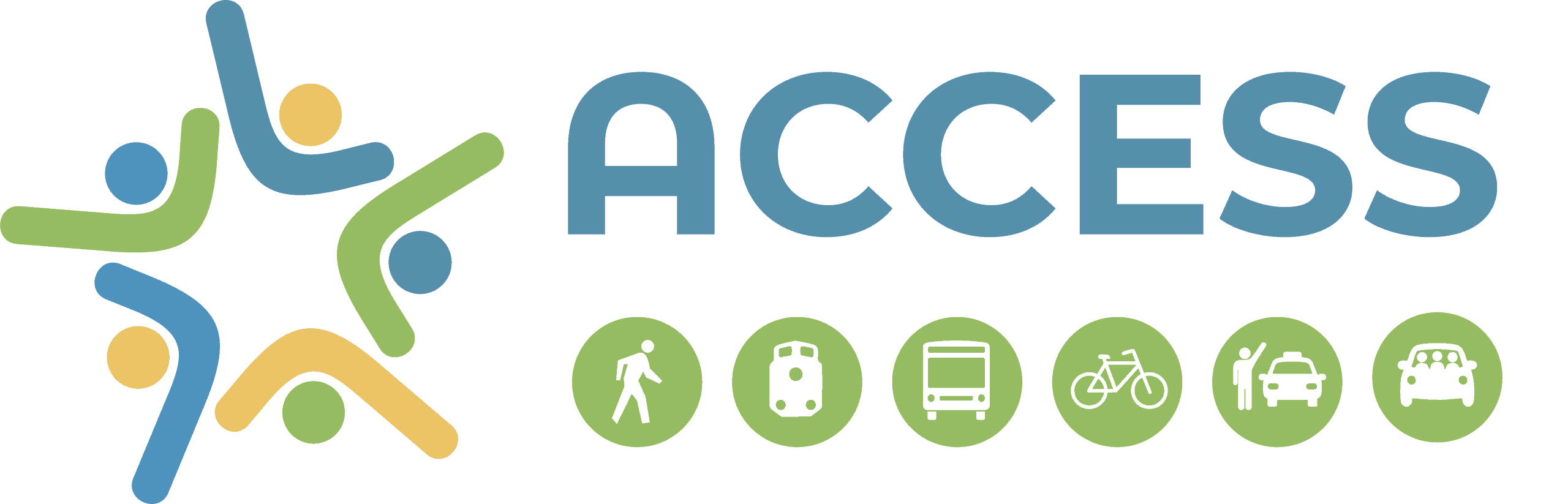Access logo with icons for walking, luggage, bus, bike, car, and parking.