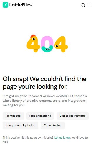 LottieFiles 404 error page design — mobile