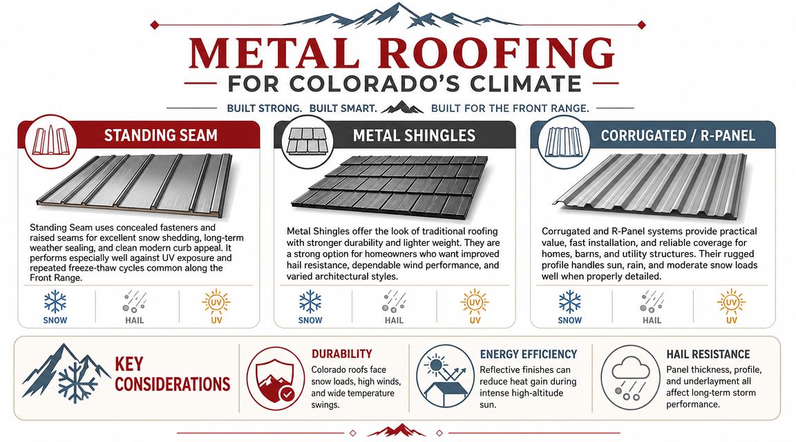 An infographic comparing different types of metal roofing materials suitable for the Colorado climate and weather conditions.