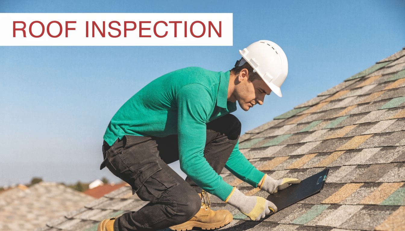 A professional construction worker wearing a white hard hat inspecting shingles on a residential house roof.