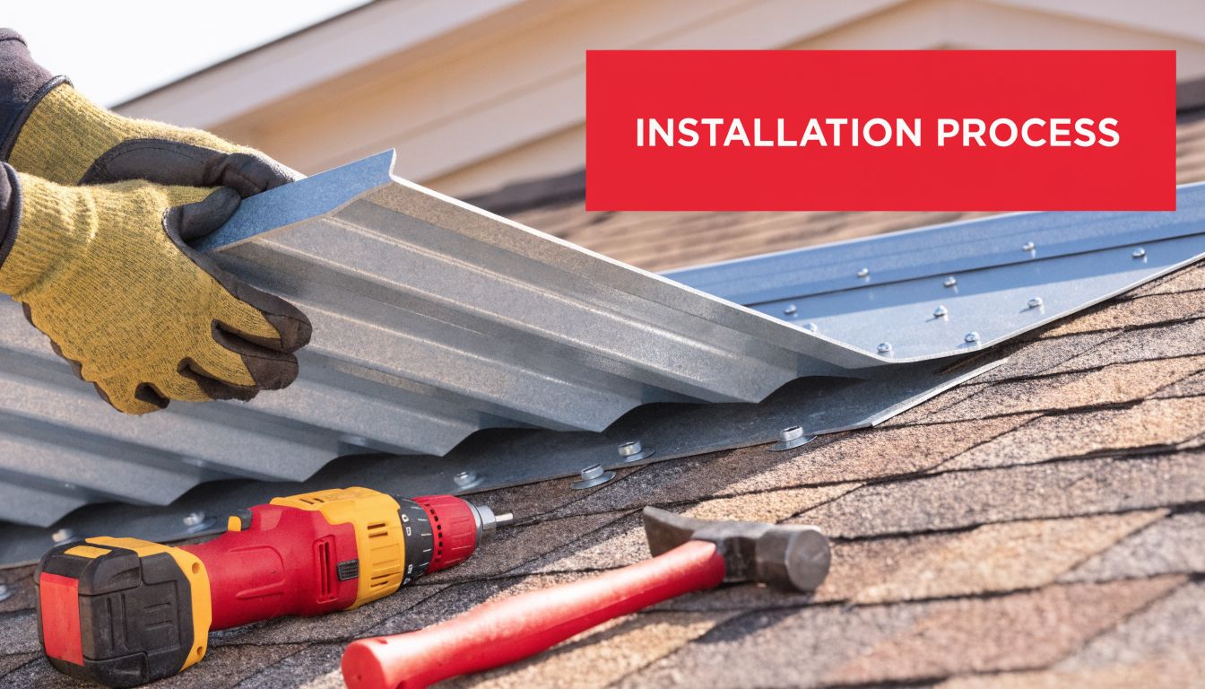 A construction worker wearing gloves installing a new metal roof panel over existing asphalt roof shingles.