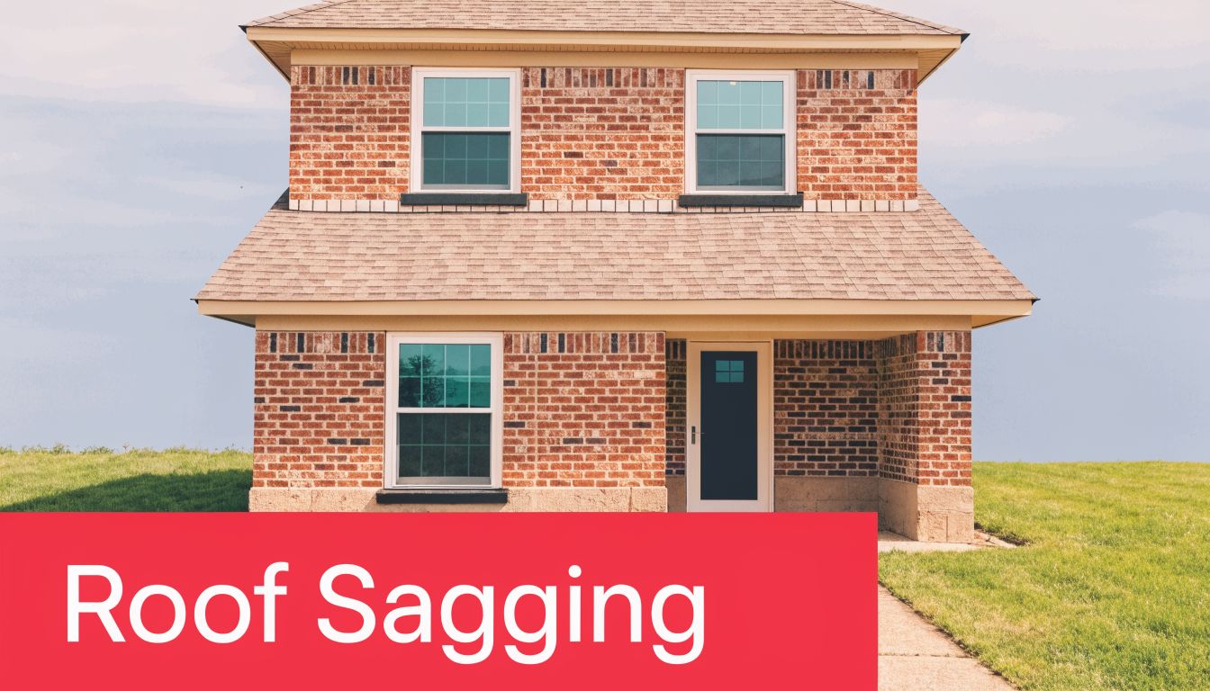 A two-story brick house with an illustration highlighting signs of roof sagging on the property.