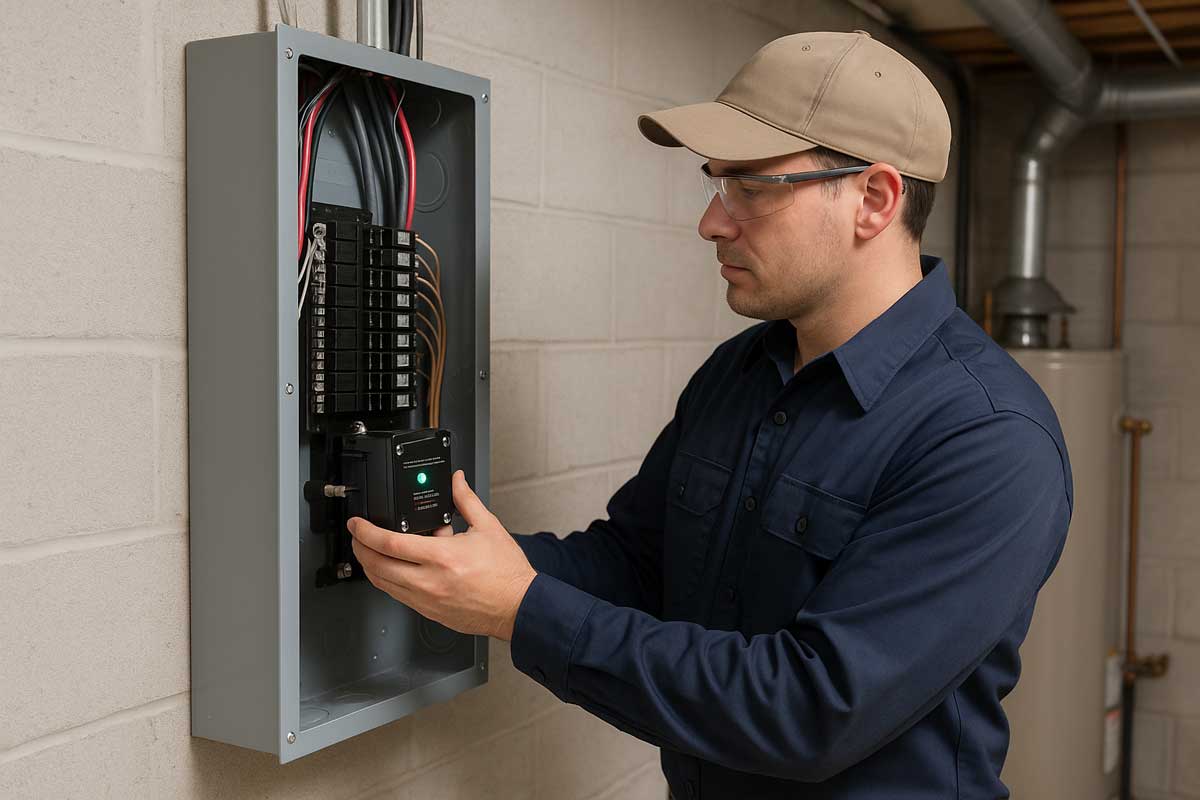Minnesota electrician installing a whole-house surge protection device in a residential electrical panel