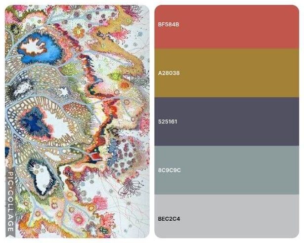A detailed abstract of an abstract painting with vibrant colors and intricate patterns.