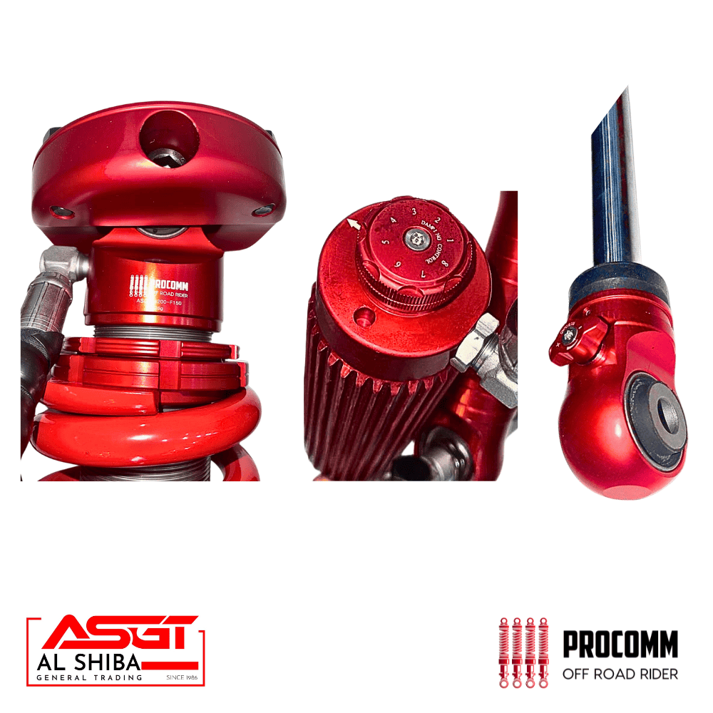 Red motorcycle suspension and shock absorber components for off-road riding.