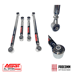 Four chrome suspension links with bushings on a white background, plus a close-up of a joint; ASGT Al Shiba and Procomm Off Road Rider logos visible.