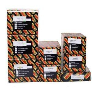 Assorted industrial packaging boxes with labels for general trading supplies.