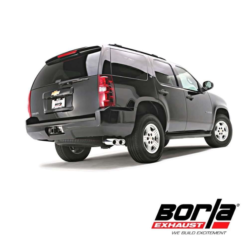 Chevrolet SUV with Borla Exhaust system, black color, side view.