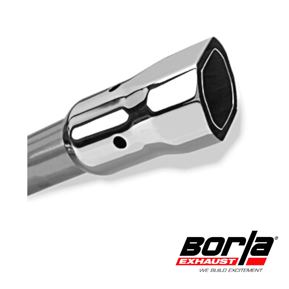 High-performance Borla exhaust tip for vehicle enhancement and sound improvement.