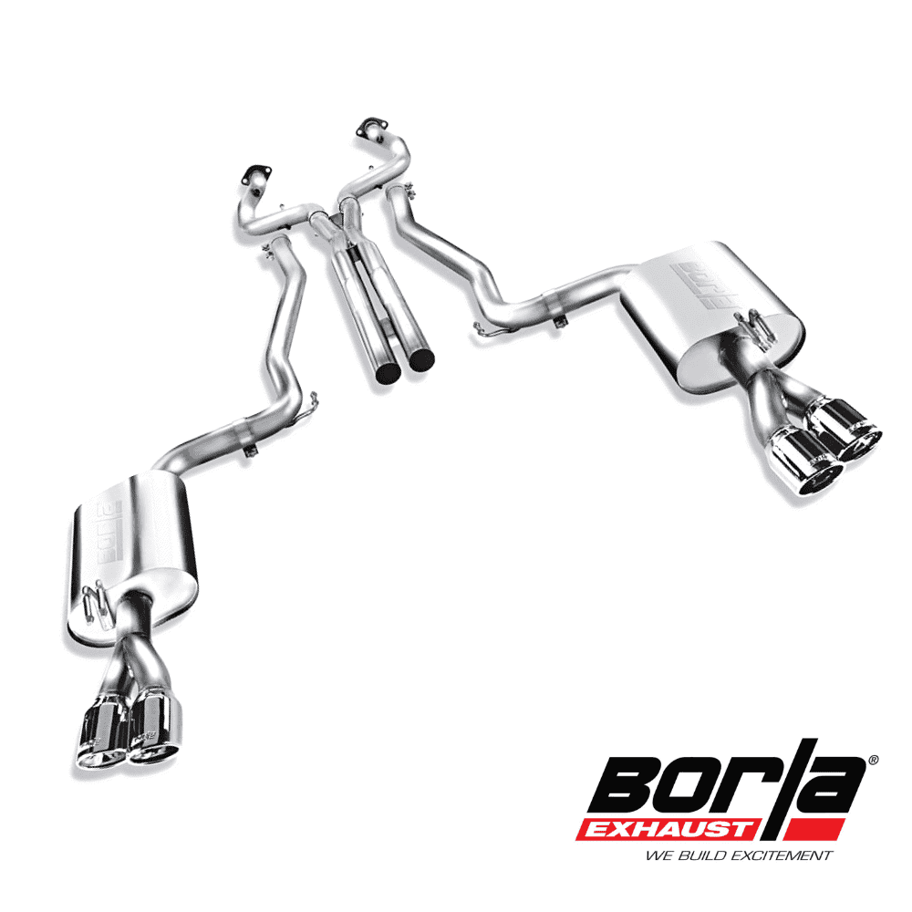Dual Borla exhaust system with chrome finish for high-performance vehicles.