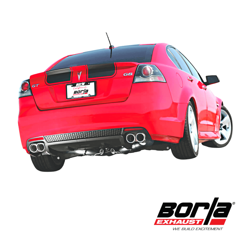 GT sports car with Borla exhaust system, vibrant pink color, rear view, on a plain white background.
