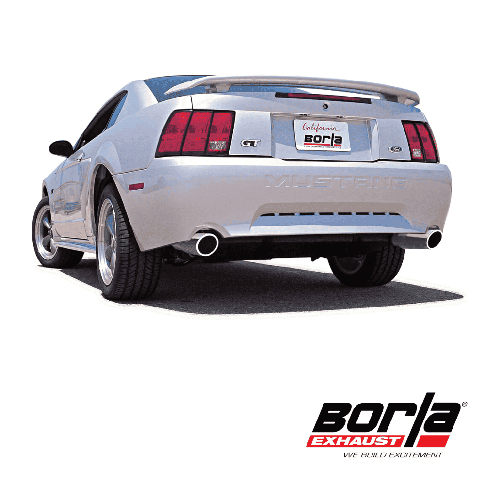 Mustang GT car with Borla exhaust system, rear view, on a plain background.