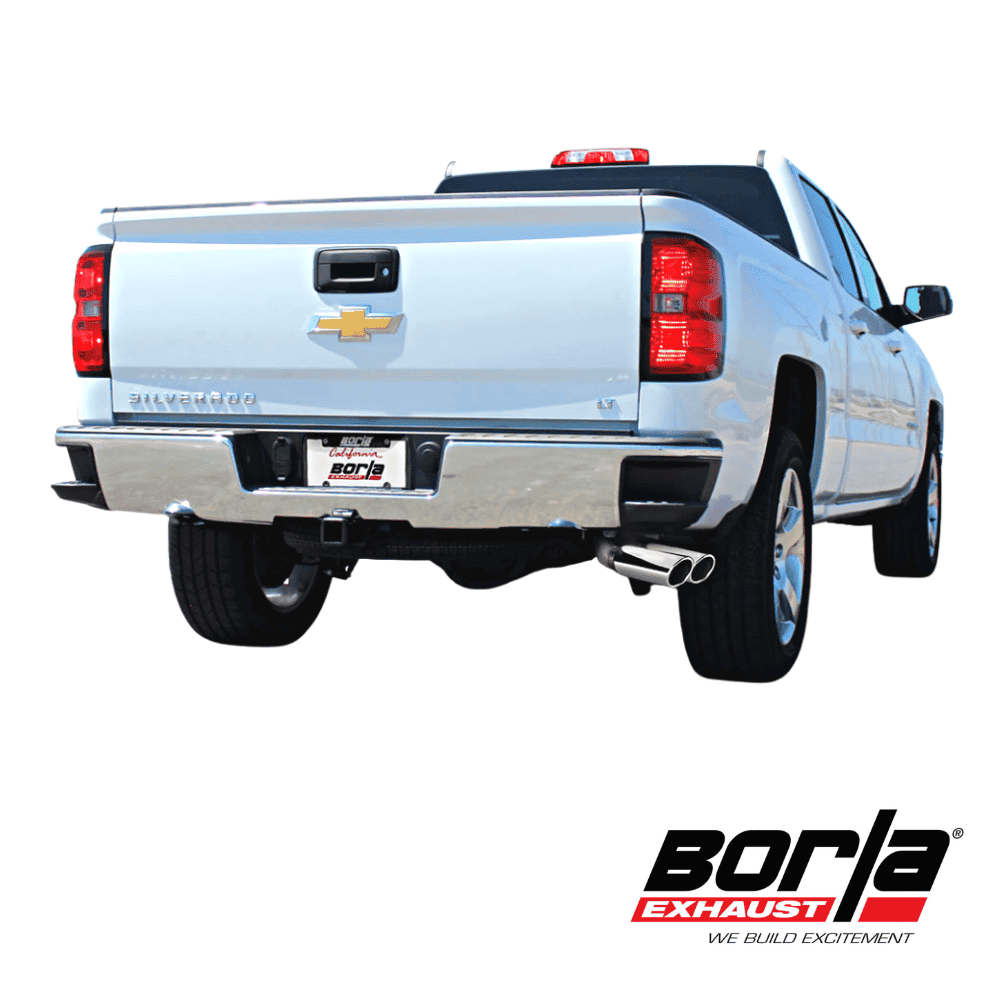 High-quality Chevrolet Silverado pickup truck with Borla exhaust system for enhanced performance.