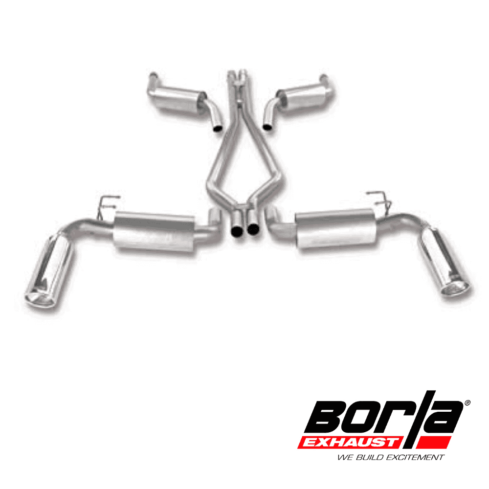Stainless steel Borla exhaust system with dual tips for vehicles.