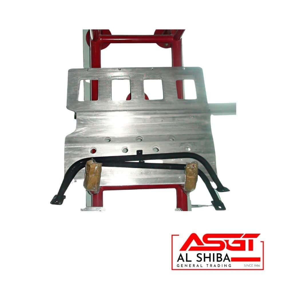 Heavy-duty metal frame with red handle and black support bar for industrial use.