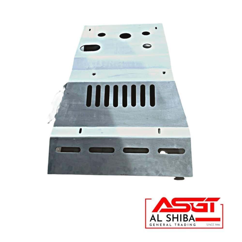 Industrial metal component with multiple holes and slots for machinery or construction use.