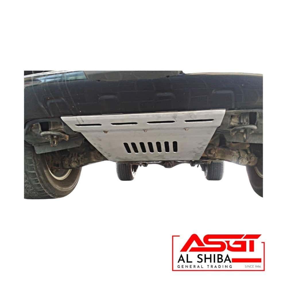 Protective undercarriage skid plate on a vehicle for engine and oil protection.