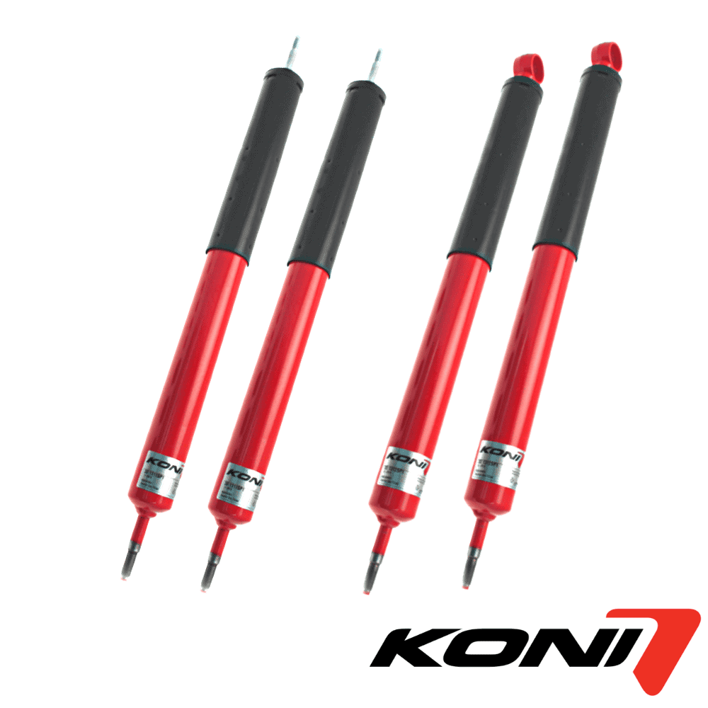 High-quality KONI shock absorbers for vehicle suspension systems in durable red and black design.