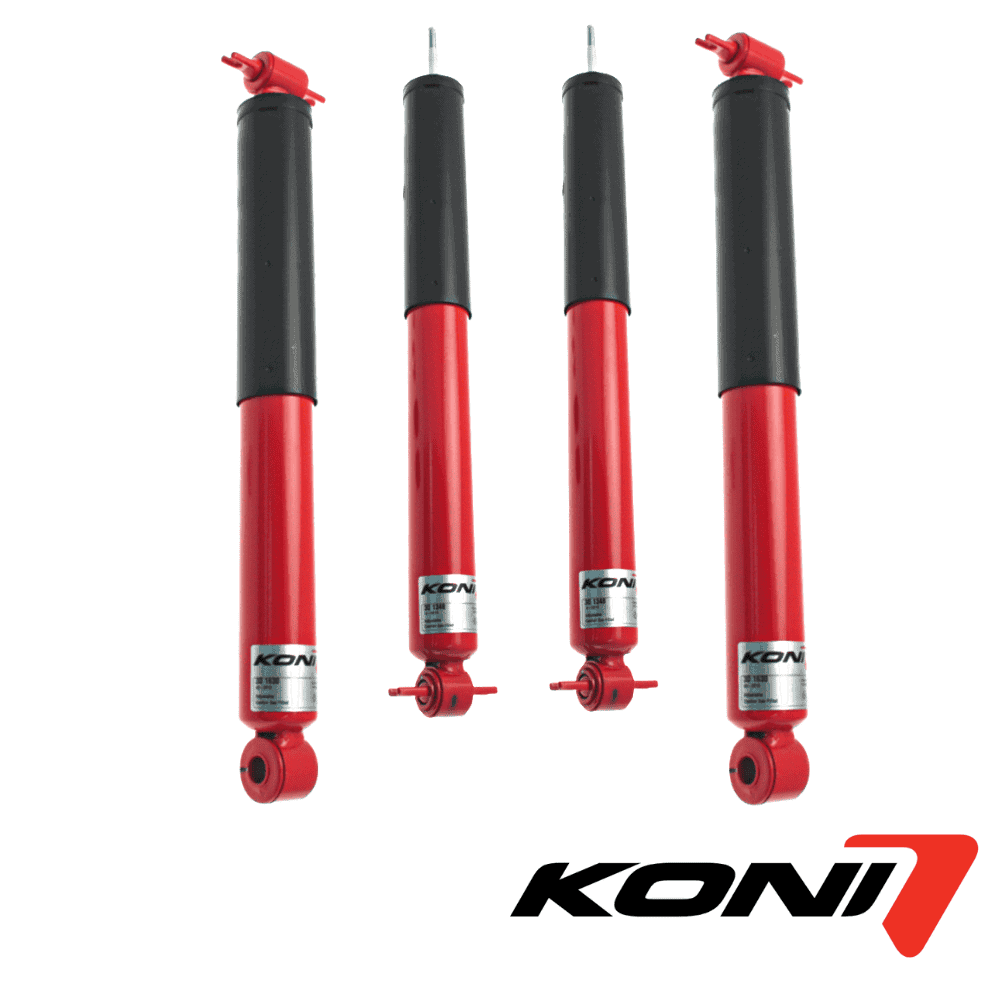 Shock absorbers for vehicle suspension systems, red and black, from Al Shiba General Trading.