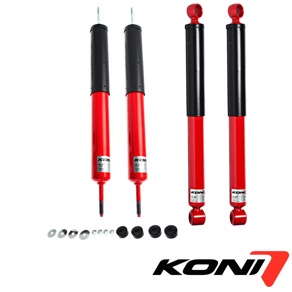 High-performance KONI shock absorbers for vehicle suspension systems.