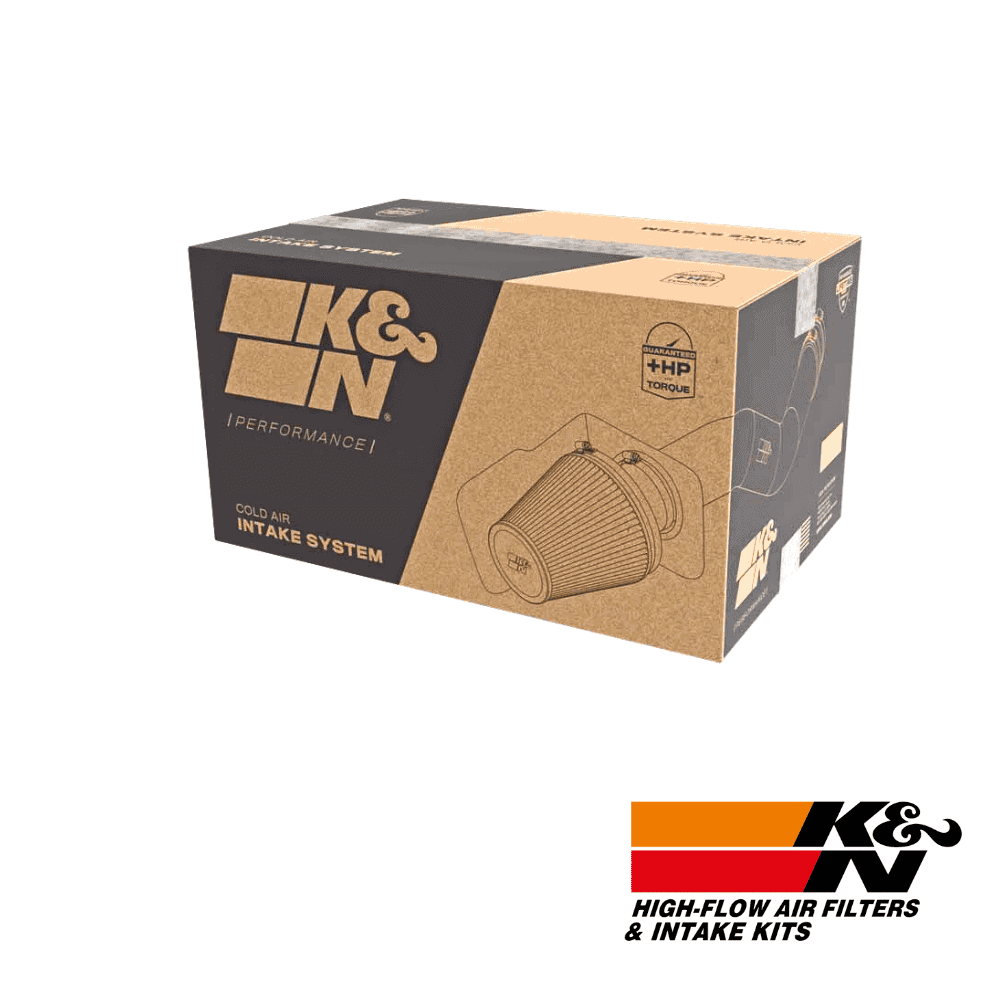 K&N high-flow air filters and intake kits box for automotive performance.