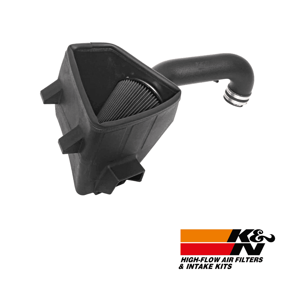 High-flow air filter and intake kit for vehicle engine performance enhancement.