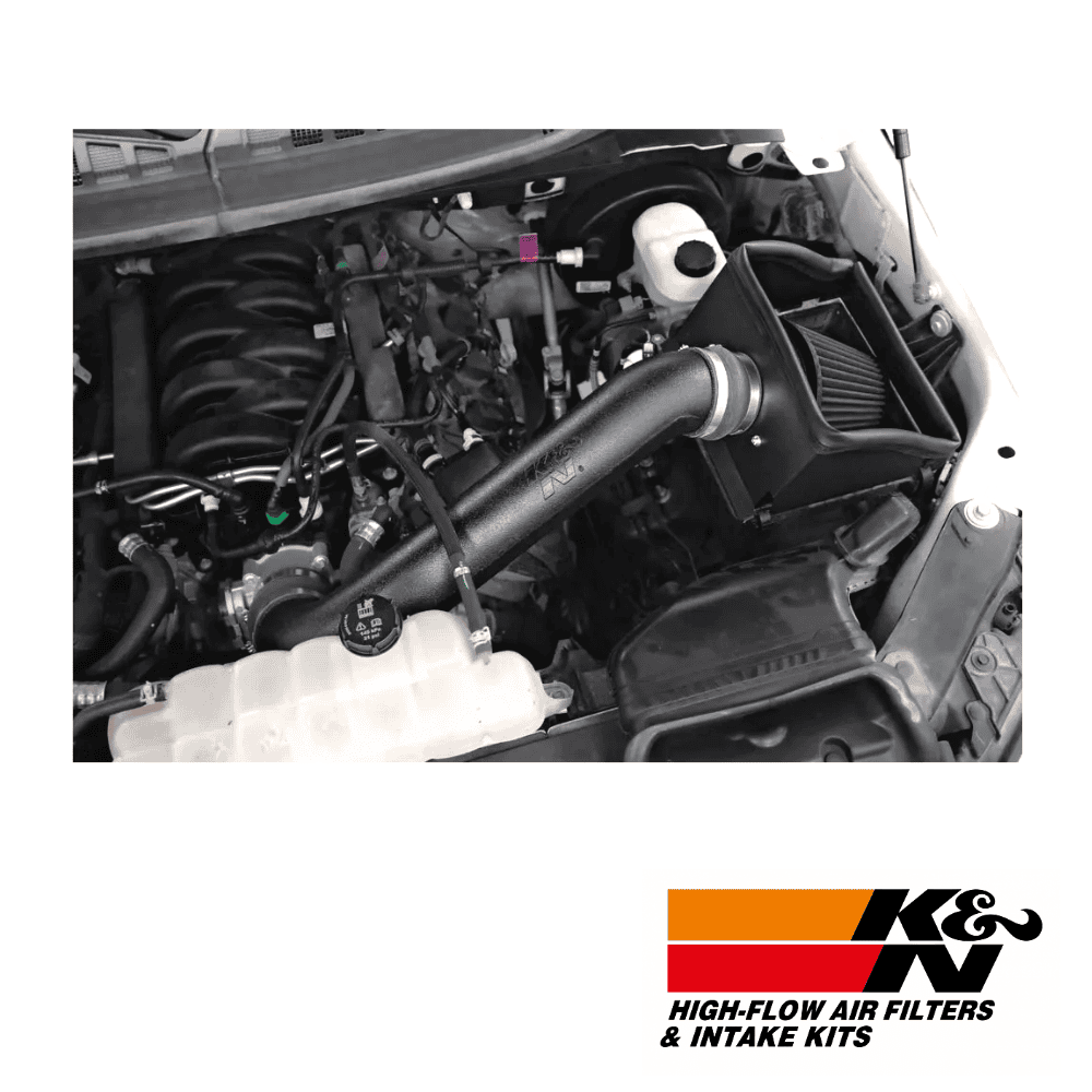 High-flow air filters and intake kits installed in a vehicle engine for improved performance and air.