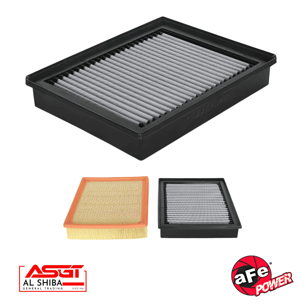 Air filter for vehicle maintenance, black rectangular filter with pleated design.