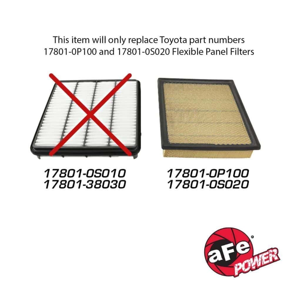 Replacement air filters for Toyota with aFe Power branding, compatible with specific models.
