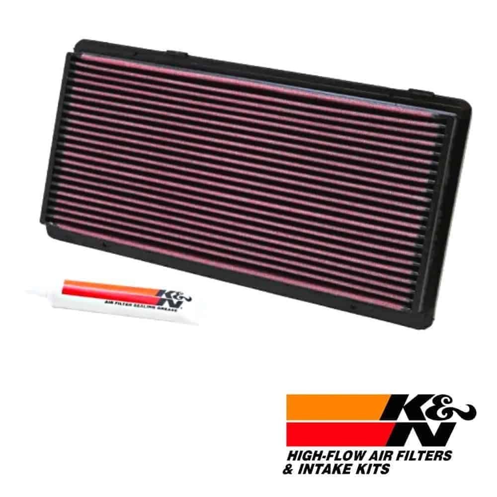 High-flow air filter for vehicle engine, K&N brand, with cleaning oil included.