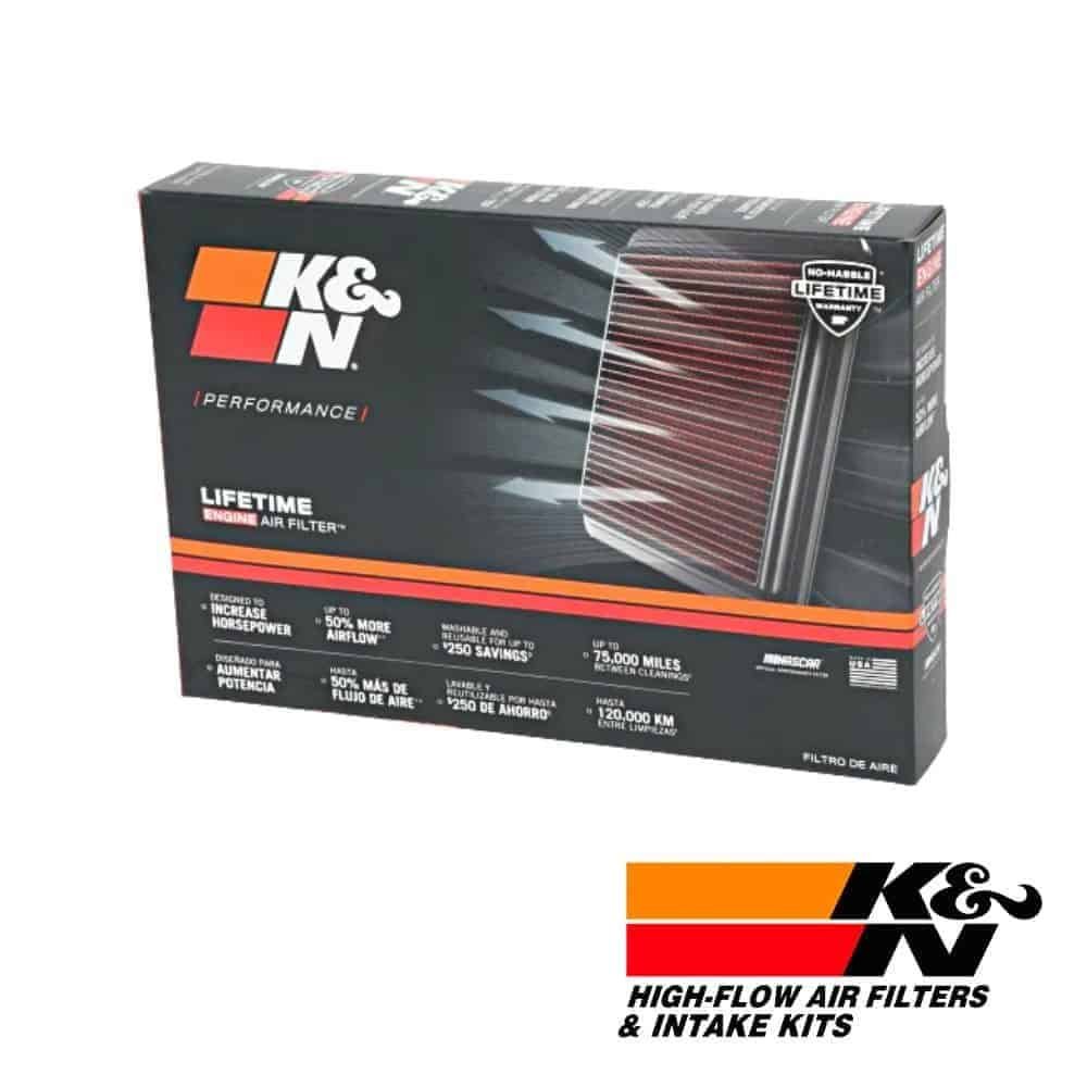 K&N high-flow air filter box for vehicle engine performance enhancement.