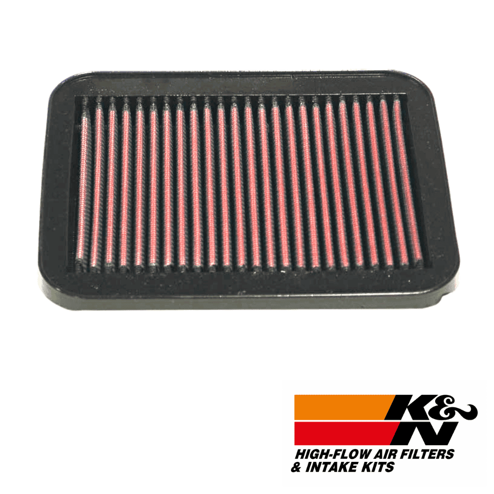 High-flow air filter for automotive engines, K&N branded, in black and red colors.