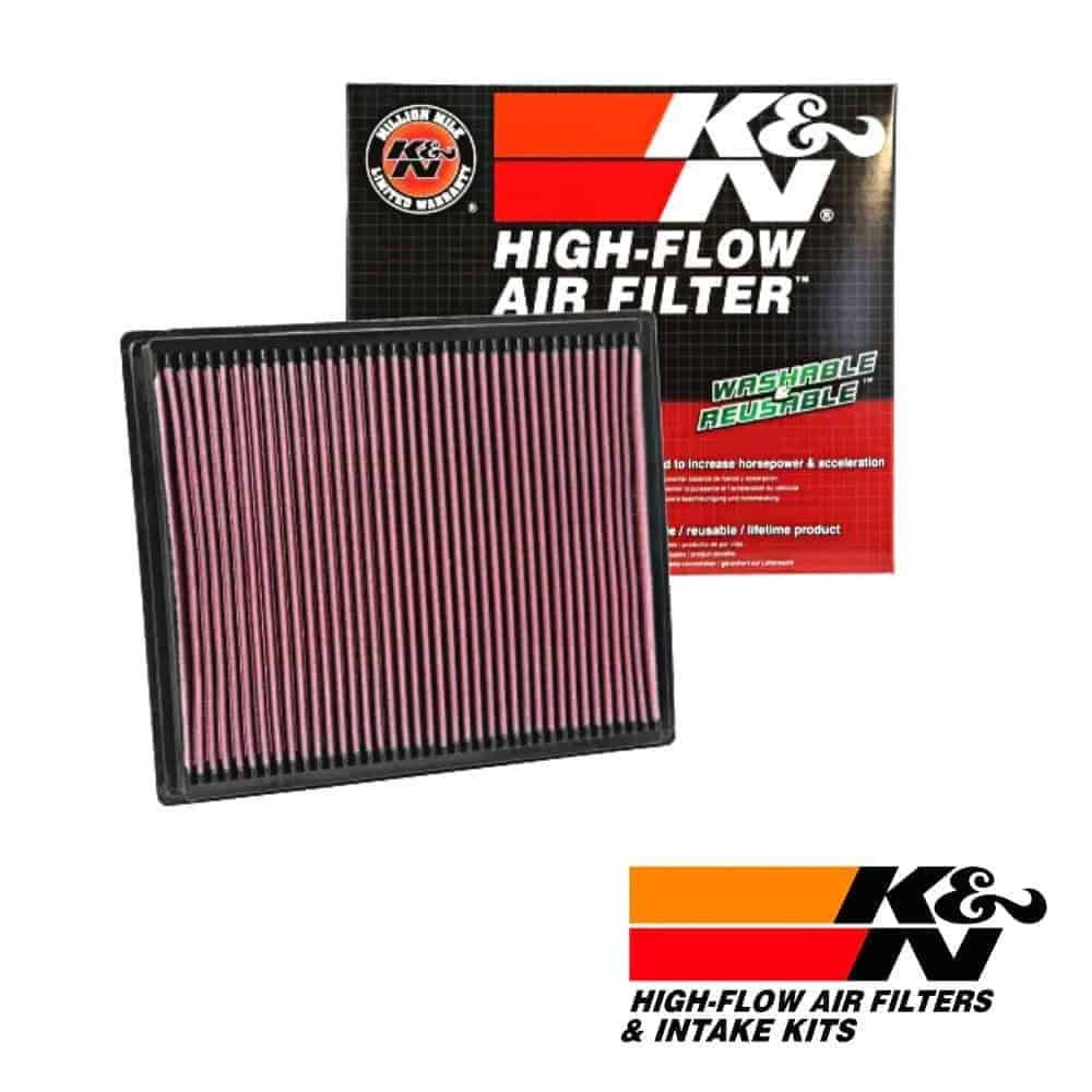 K&N high-flow air filter for vehicle engine performance and filtration.
