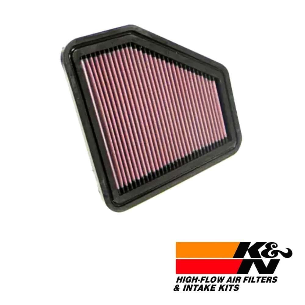 High-flow air filter for vehicle engine, K&N branded, with black frame and pink filter media.