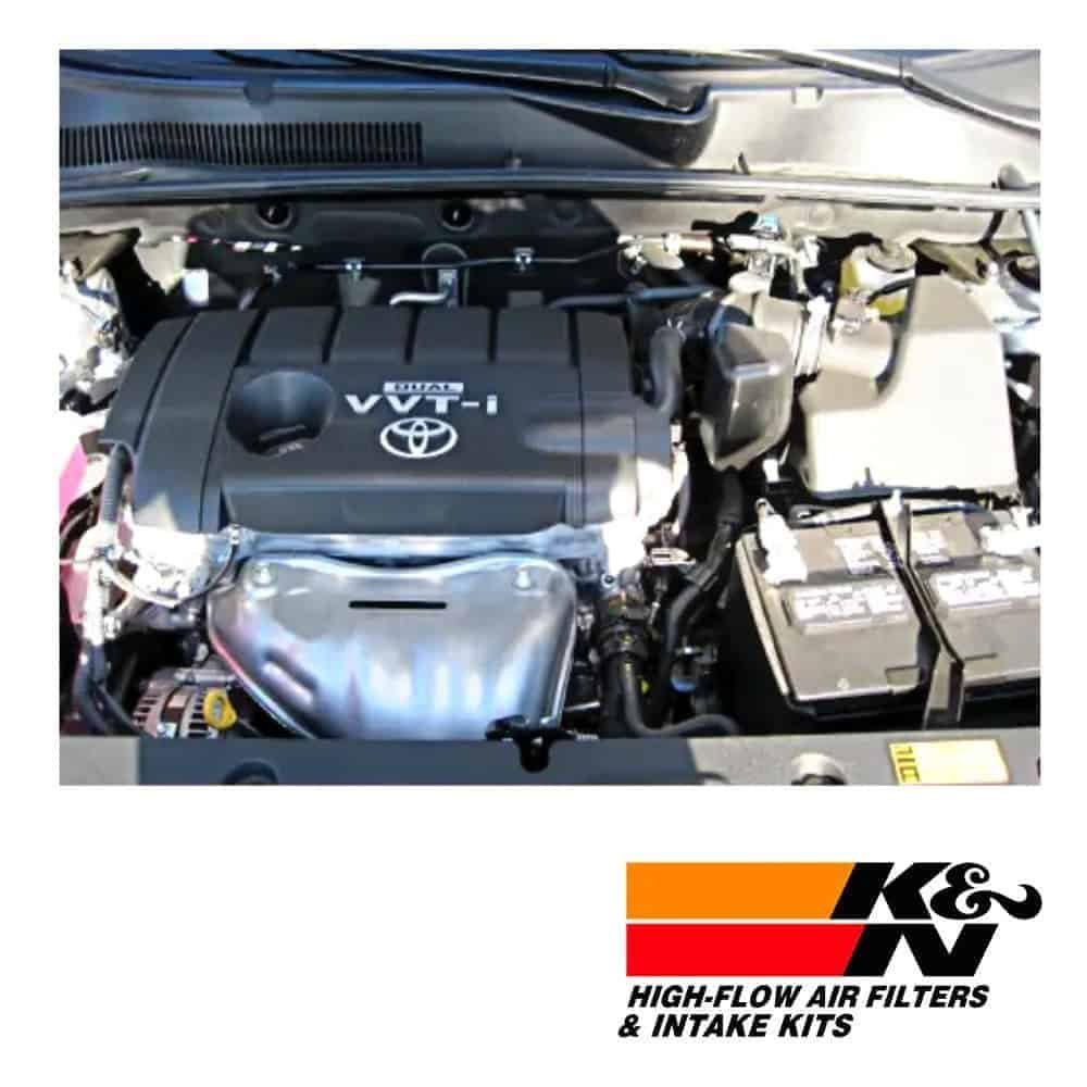 VVT-i engine with K&N high-flow air filters and intake kits in a car engine bay.
