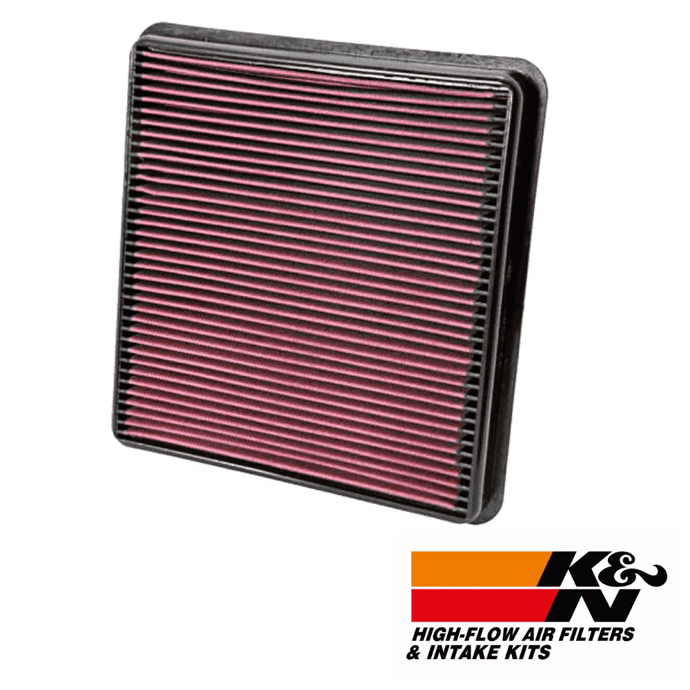 High-flow air filter for vehicle engine, K&N branded, with intake kit, durable and efficient filtrat.