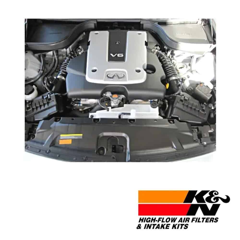 V6 engine with K&N high-flow air filters and intake kits in a car engine bay.