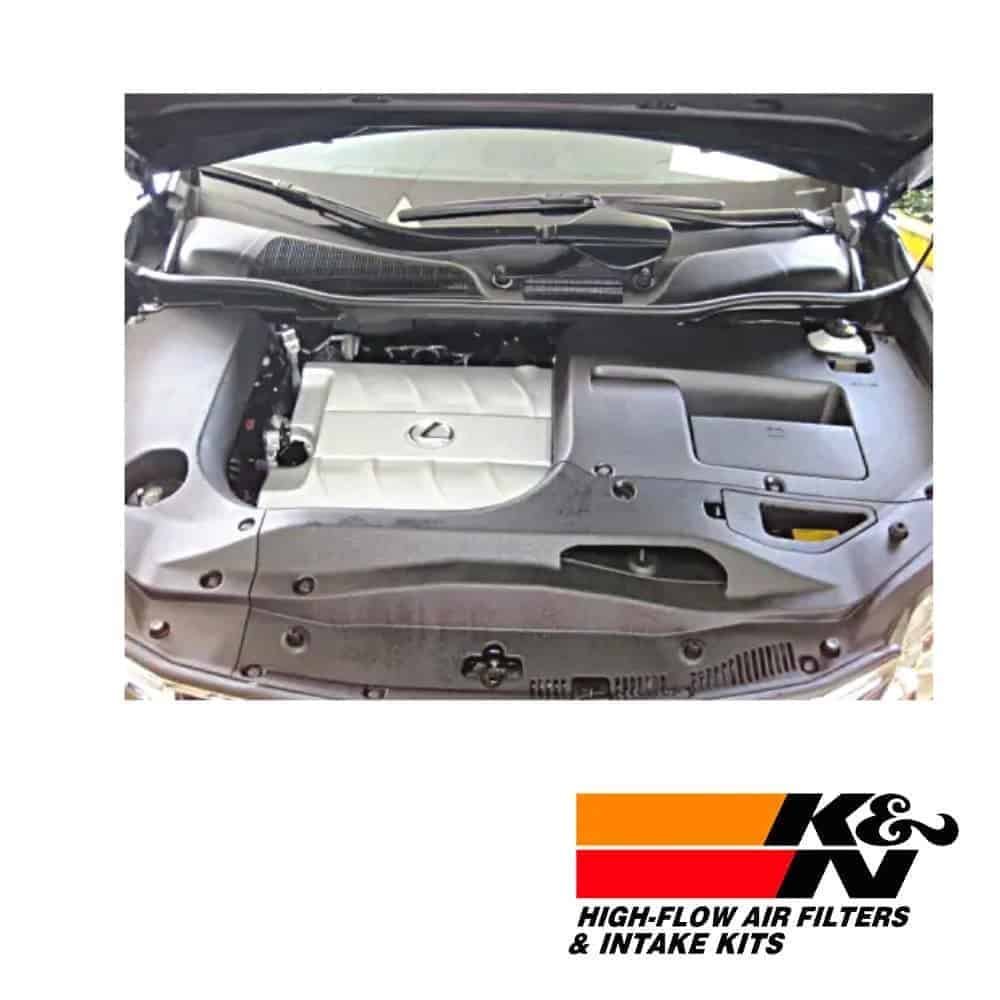 High-flow air filters and intake kits installed in a car engine bay for improved performance and air.