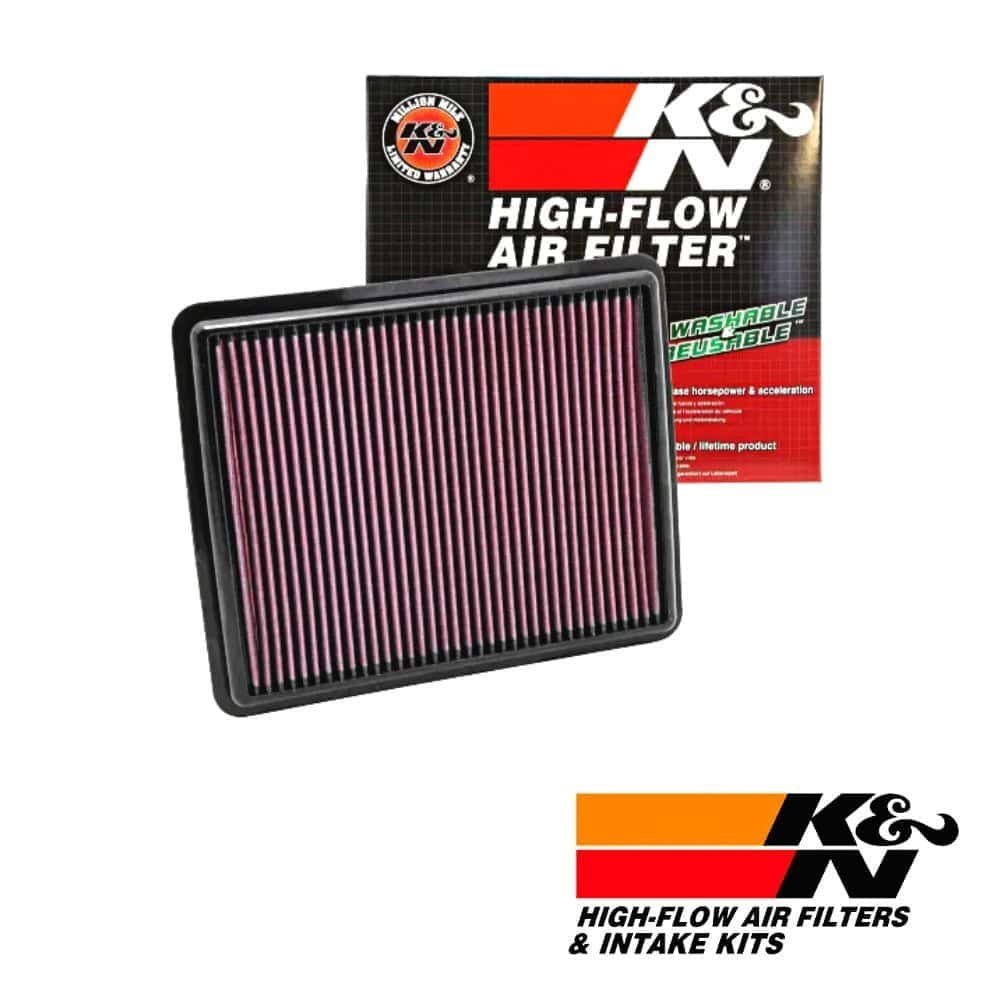 High-flow K&N air filter for vehicle engine, reusable and washable.