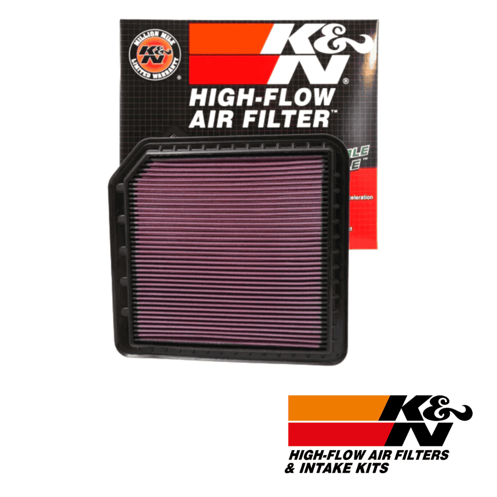 High-flow air filter for vehicle engine, compatible with K&N filters.