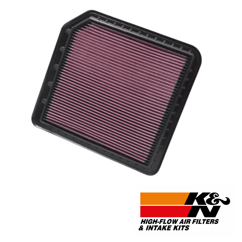 High-flow air filter for vehicle engine, K&N intake kit, automotive air filtration part.