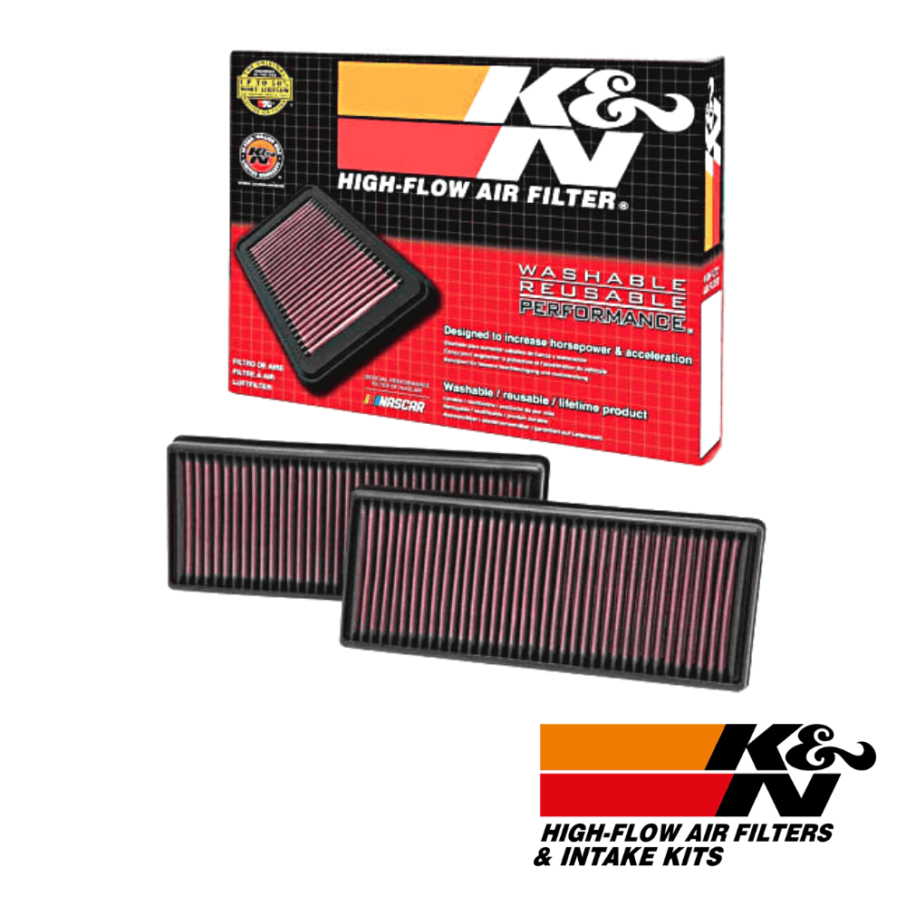 High-flow K&N air filter and intake kit for vehicle performance and filtration.