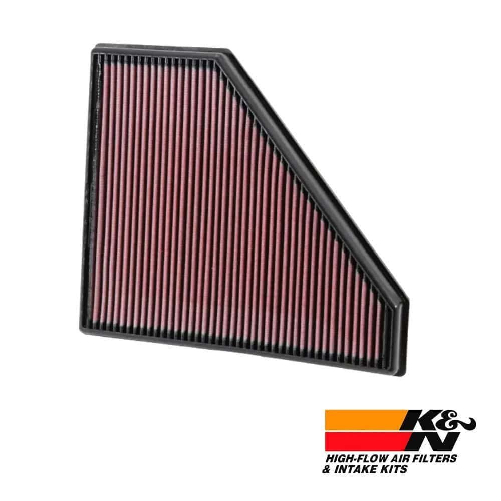High-flow air filter for vehicle engine, K&N brand, with intake kit, durable and efficient filtratio.
