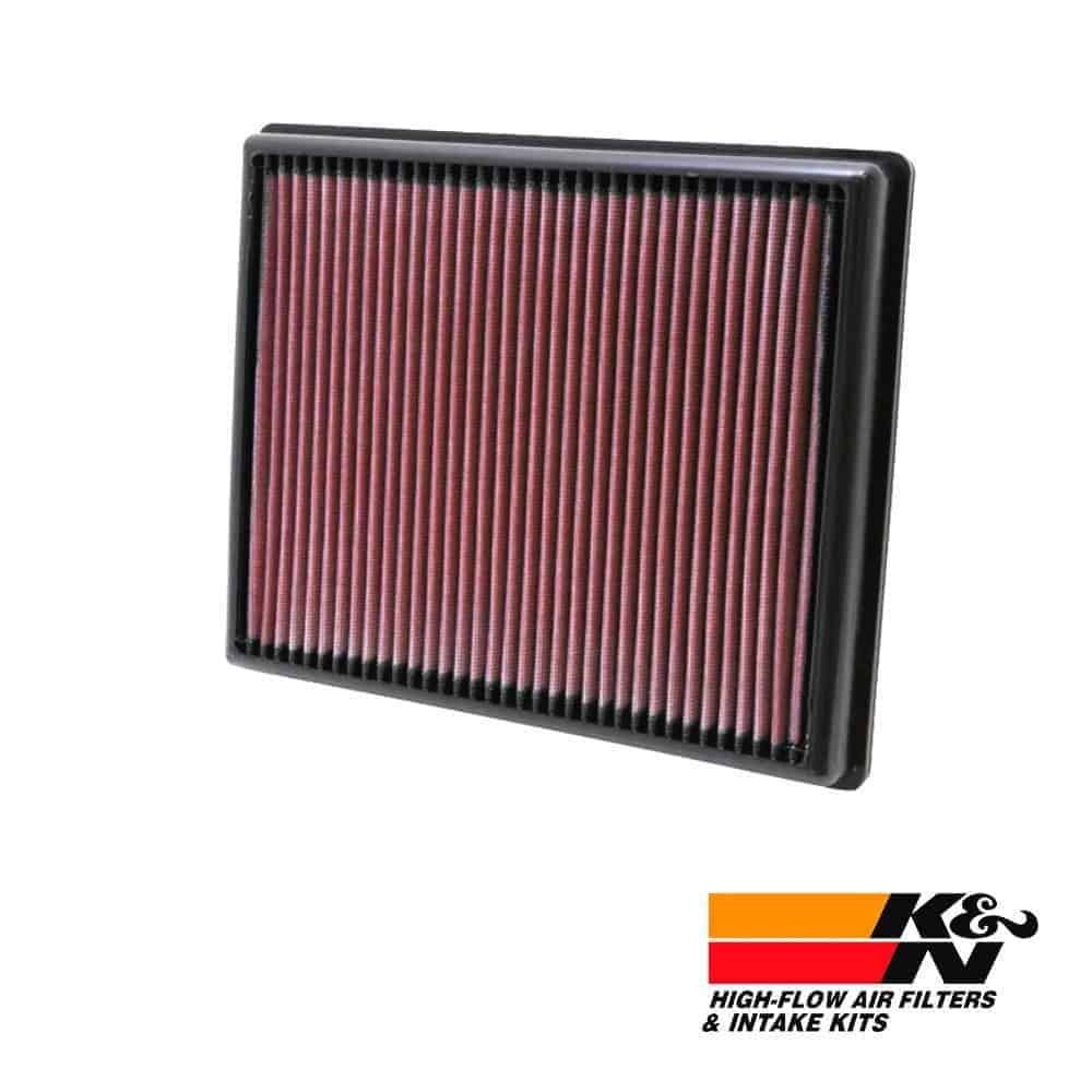 High-flow air filter for vehicle engine, K&N brand, durable and efficient filtration system.