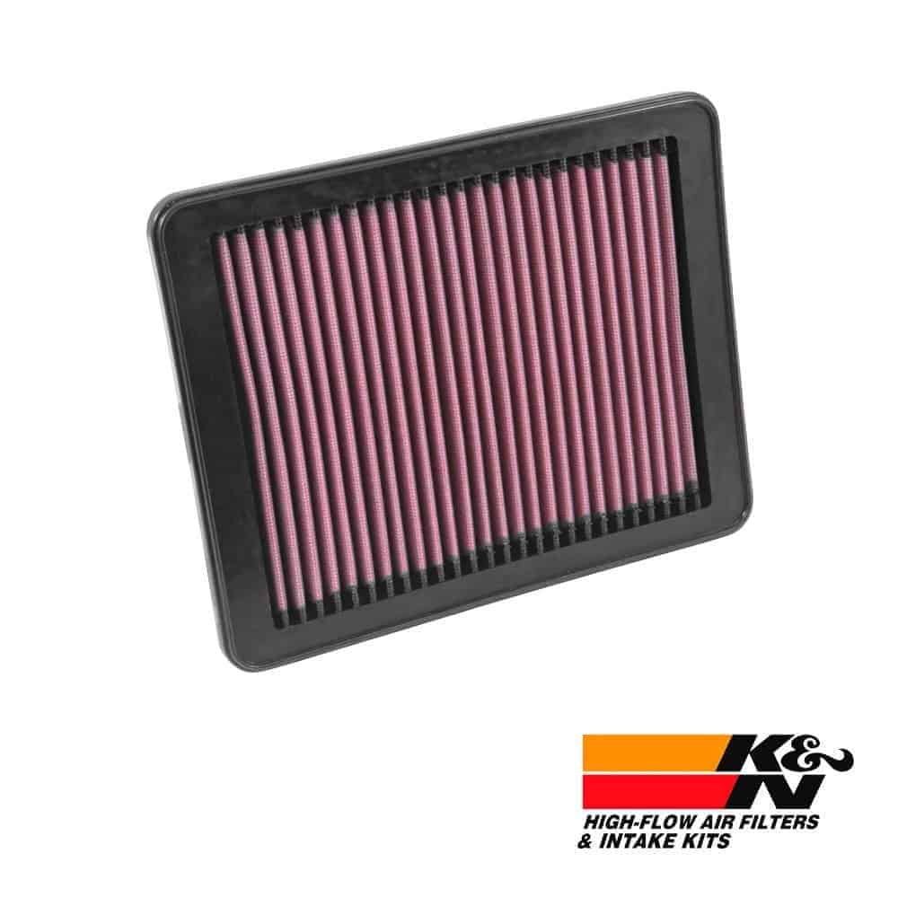 High-flow air filter for vehicle engine, pink filter element, durable black frame, automotive air in.