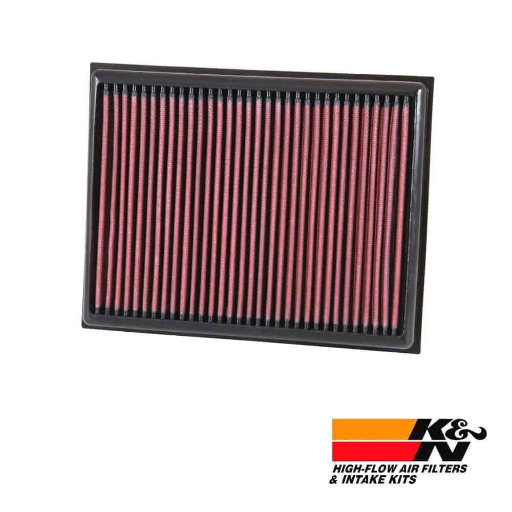 High-flow air filter for vehicle engine, K&N brand, durable and efficient filtration system.