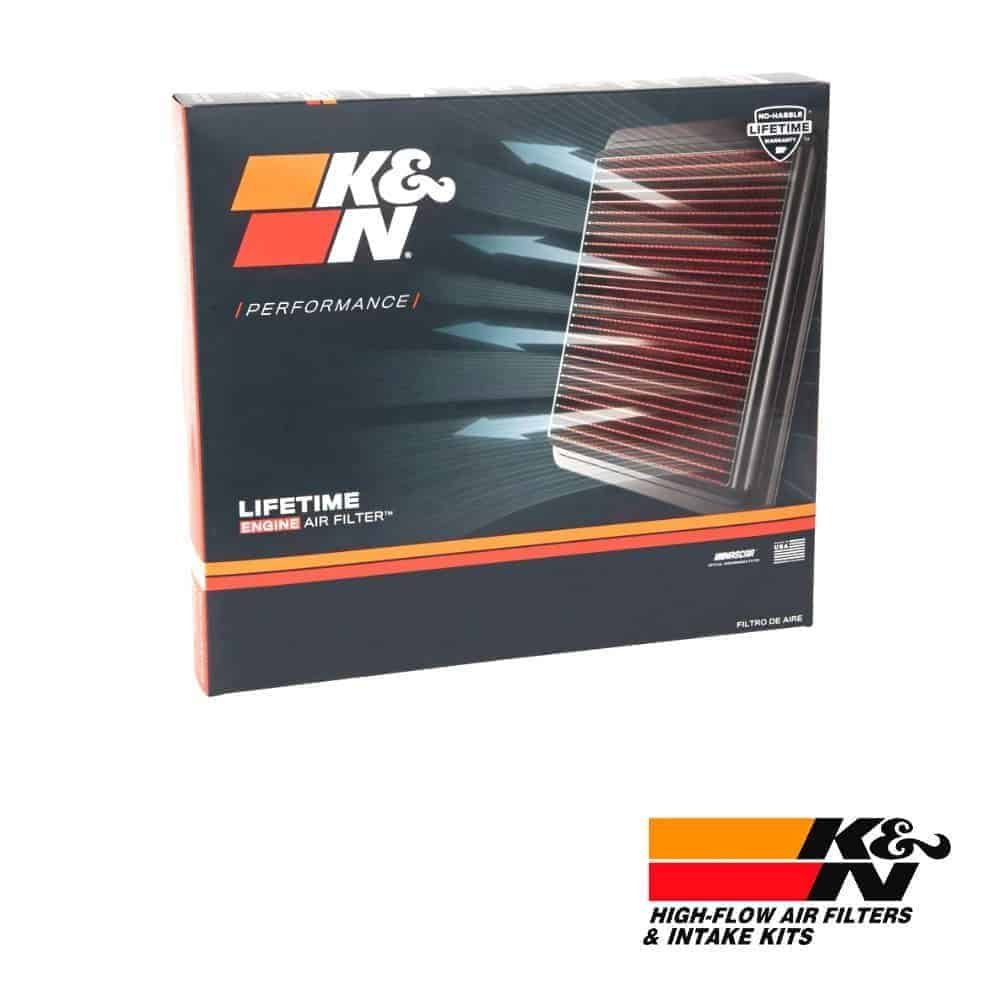 K&N high-flow air filter box for automotive performance and engine protection.