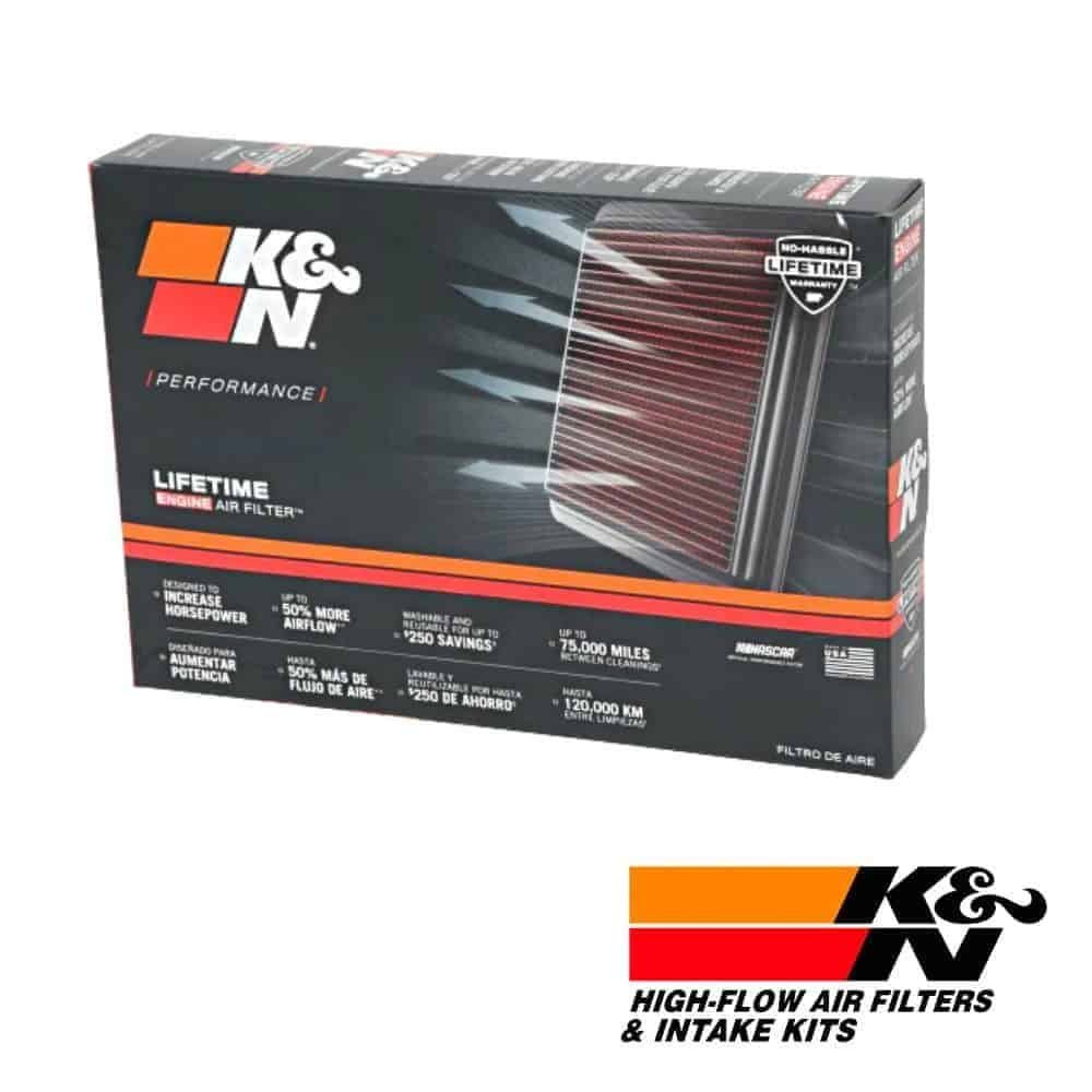 K&N high-flow air filter box for vehicle engine performance enhancement.