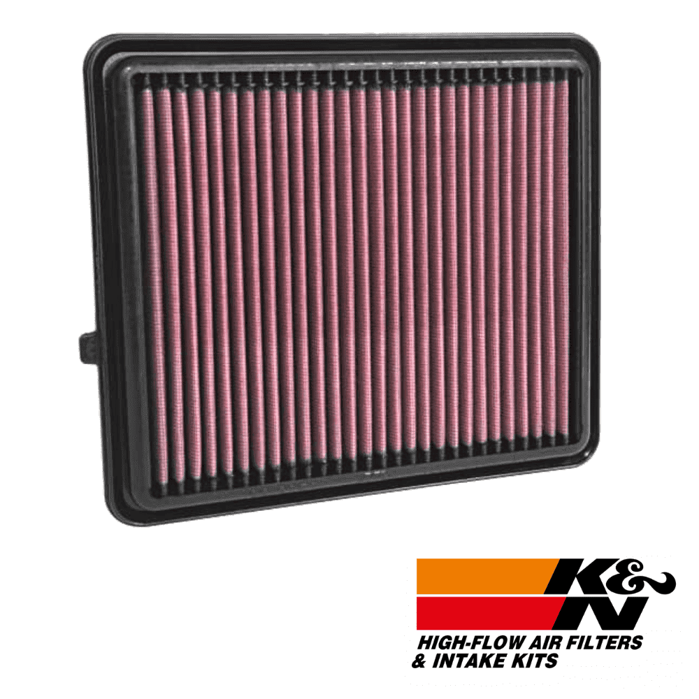 High-flow air filter for vehicle engine, K&N branded, durable and efficient filtration system.