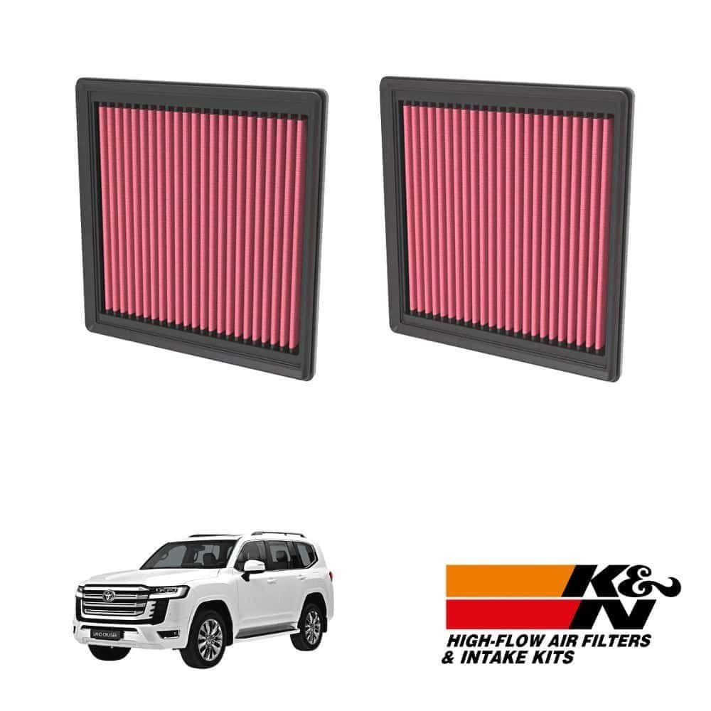 High-flow air filters for vehicles with K&N logo, automotive air intake kits, and replacement filter.
